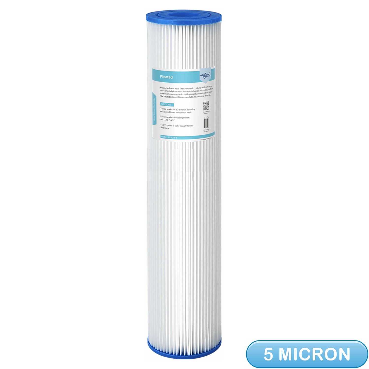 5 Micron 20″ x 4.5″ Big Blue Washable Pleated Sediment Water Filter Replacement