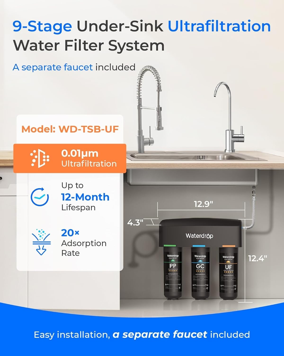 Waterdrop TSB-UF Ultra Filtration Under Sink Water Filter System, 9 Layer