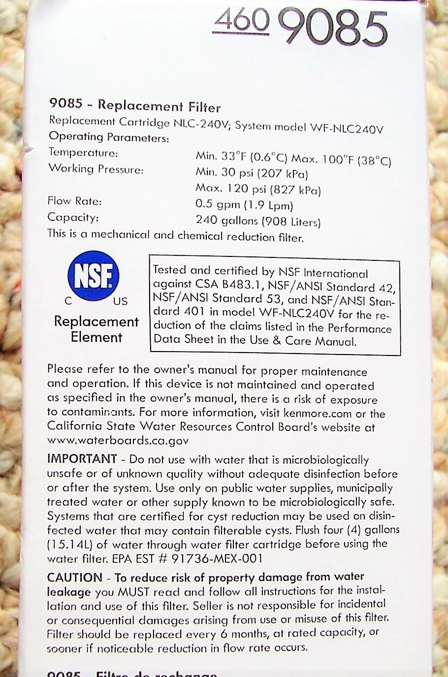1 Kenmore 9085 Replacement Refrigerator Water Filter
