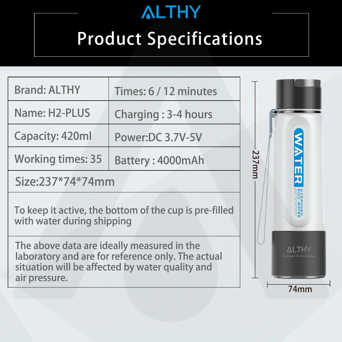 ALTHY Hydrogen Water Generator Bottle SPE+PEM Technology, 4000mAh Plus battery