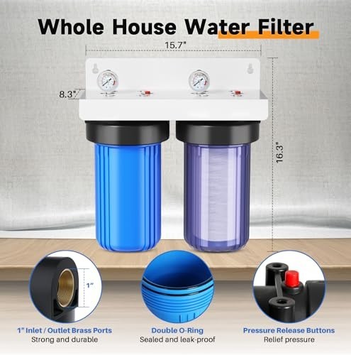 PurePlus 2-Stage Whole House Water Filter System for Well Water, 1″ Inlet/Outlet