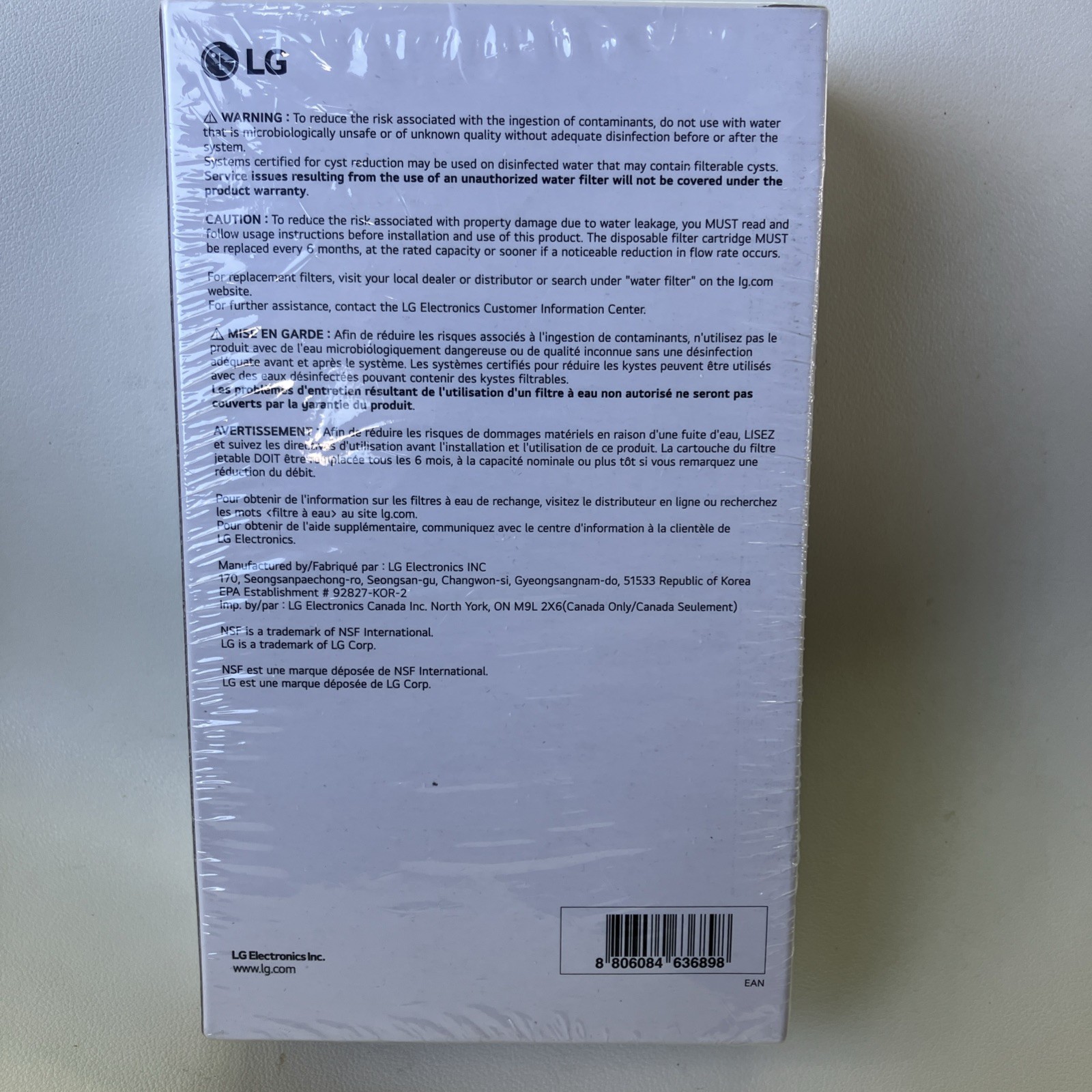 LG Refrigerator Replacement Water Filter LT1000P2 6 Month 200 Gal OEM Genuine
