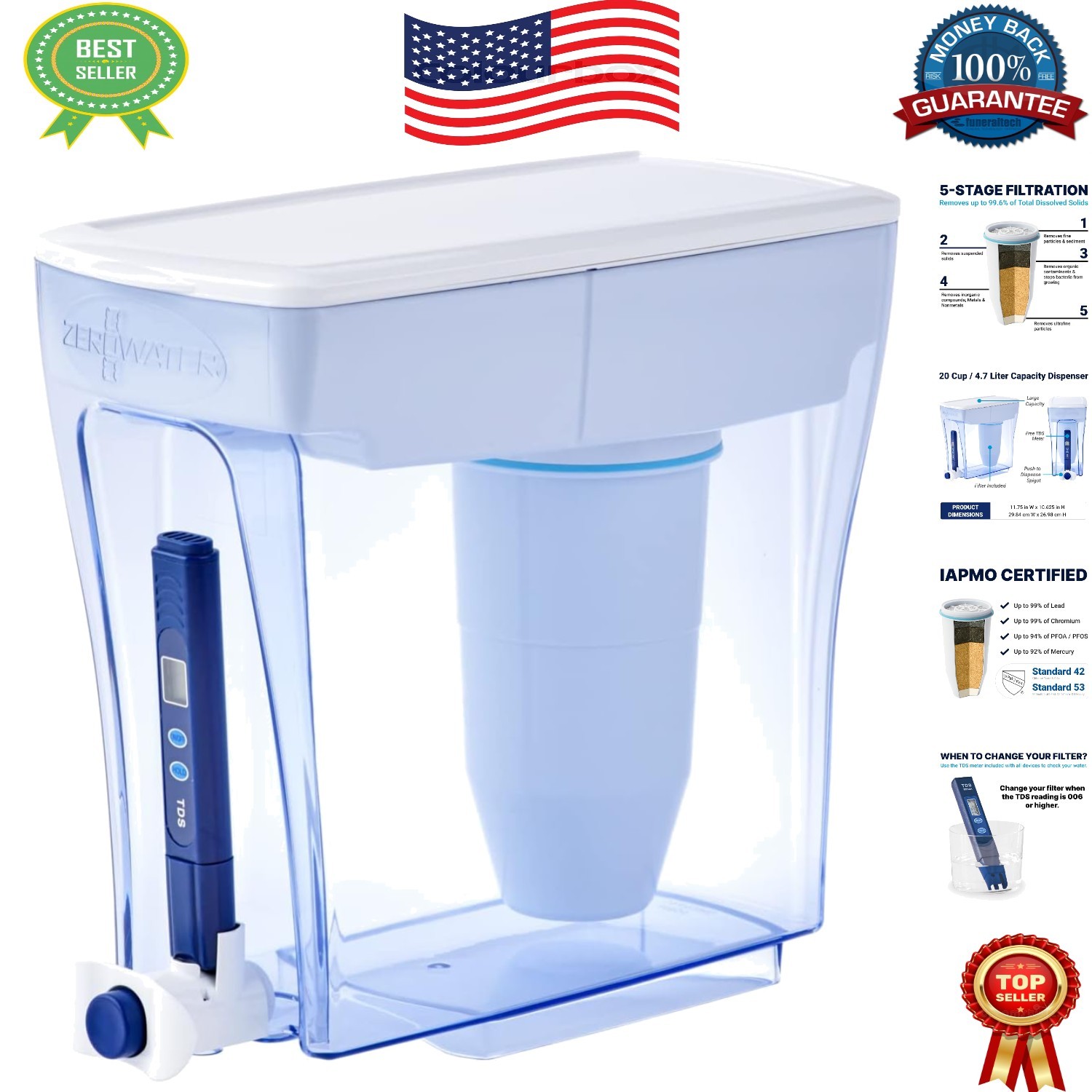 Space-Saving 20-Cup Water Filter Pitcher with Built-in TDS Meter for Pure Water