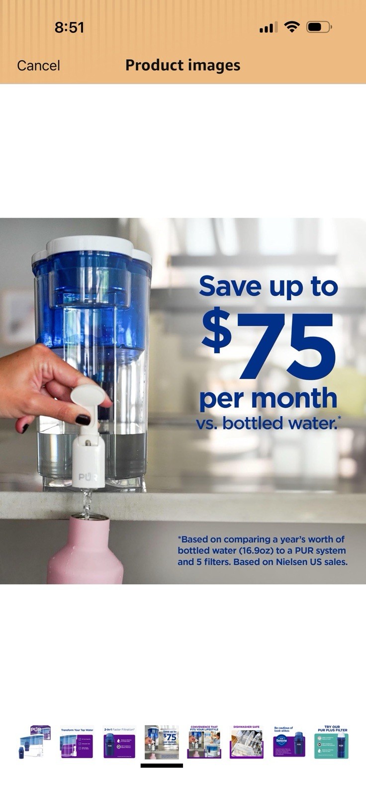PUR 30-Cup Filter Jug Water Dispenser, Carbon Filter, Blue/White/Clear