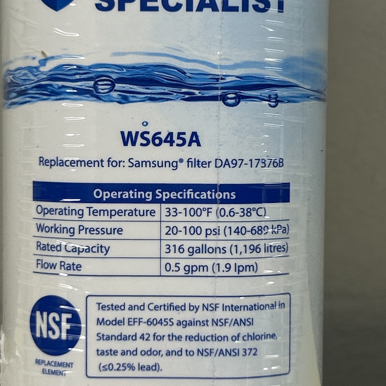 Water Specialist WS645A Filter For Samsung DA97-17376B -New Plastic Sealed