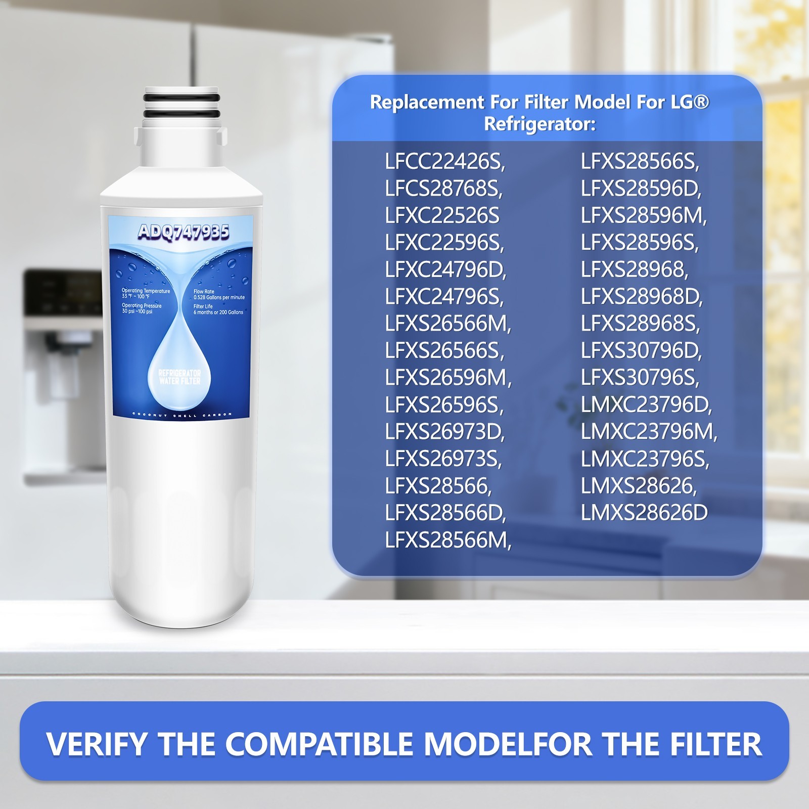 6 Pack ADQ747935 Replacement Water Filter for LG LT1000PC ADQ75795105