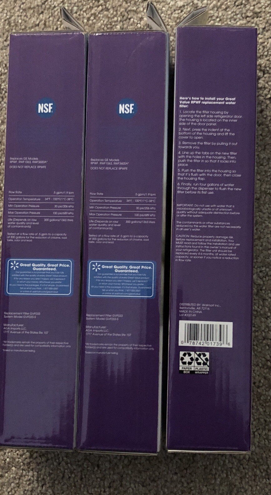 (3) Great Value Refrigerator Water Filter Replaces Ge Model RPWF 6months 300 gal