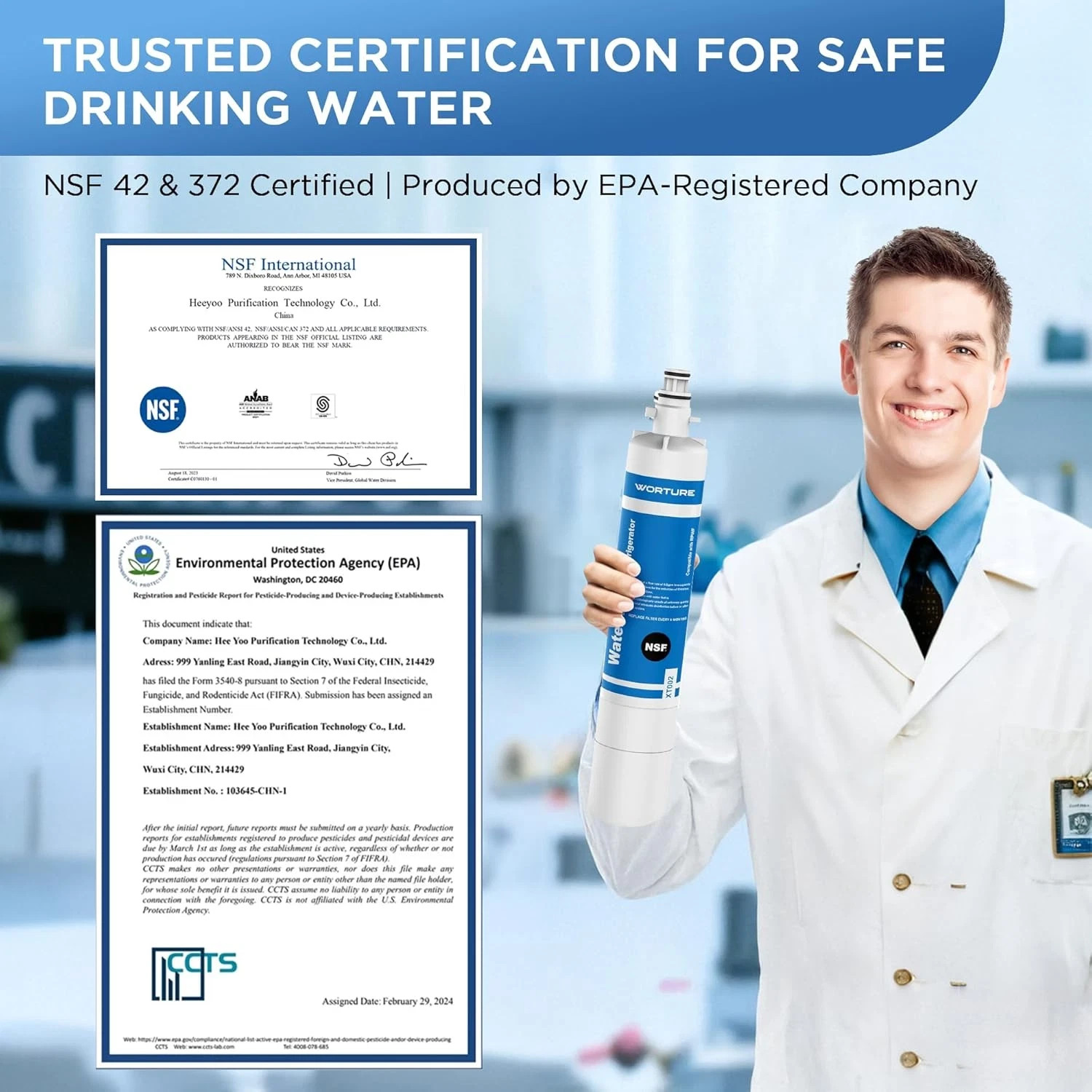 Worture XT002 Refrigerator Water Filter for RPWF, RWF1063, NSF 42 Certified NEW