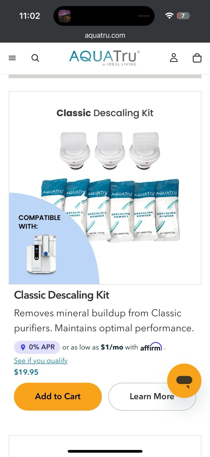 AquaTru Carafe With Glass Carafe And Partial Descale Kit -Filters Not Included