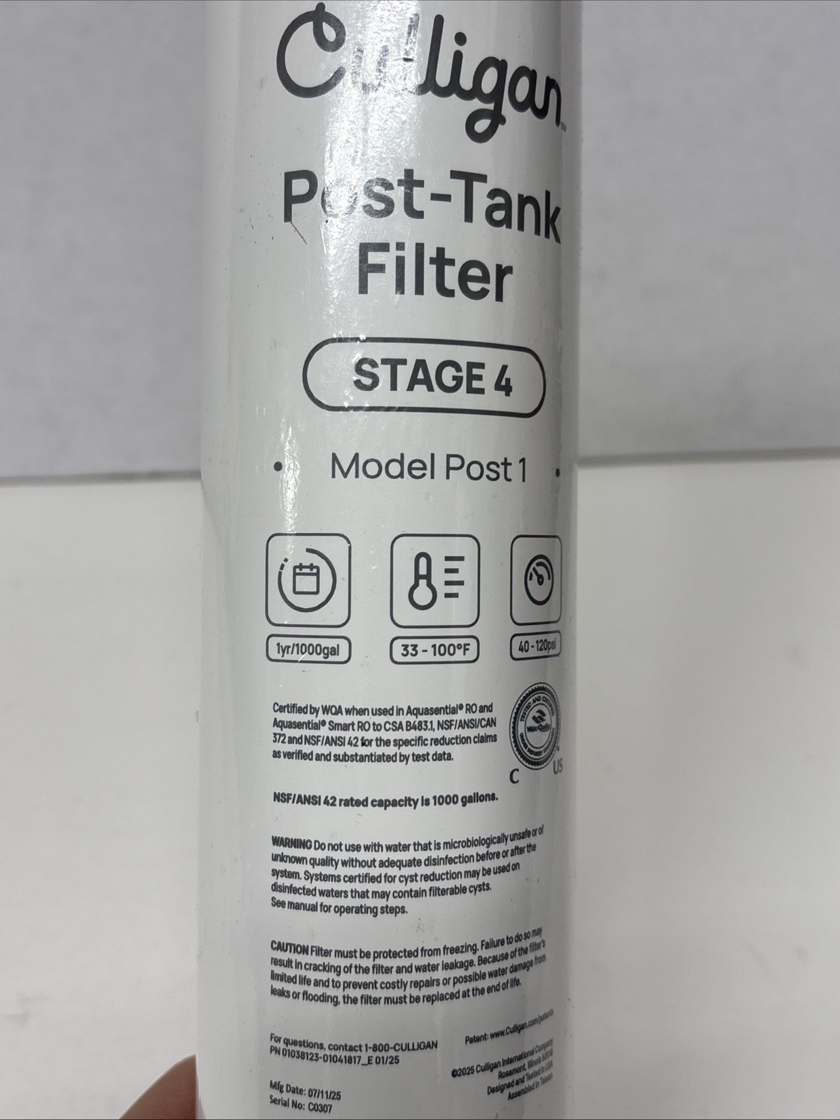 Culligan Post-Tank Filter Stage 4 Cartridge Replacement Filter Model Post 1