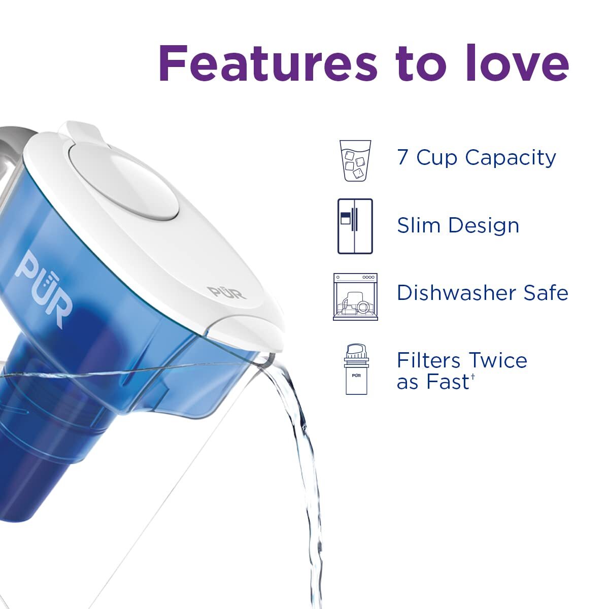 PUR 7 Cup Water Filter Pitcher NSF Certified 2 in 1 Filtration White Blue