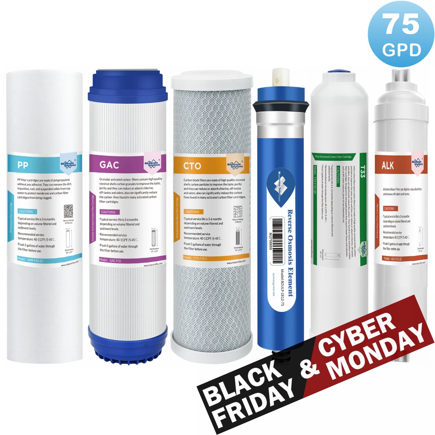 6 Stage Reverse Osmosis System pH Alkaline Water Filter Set with 75G RO Membrane