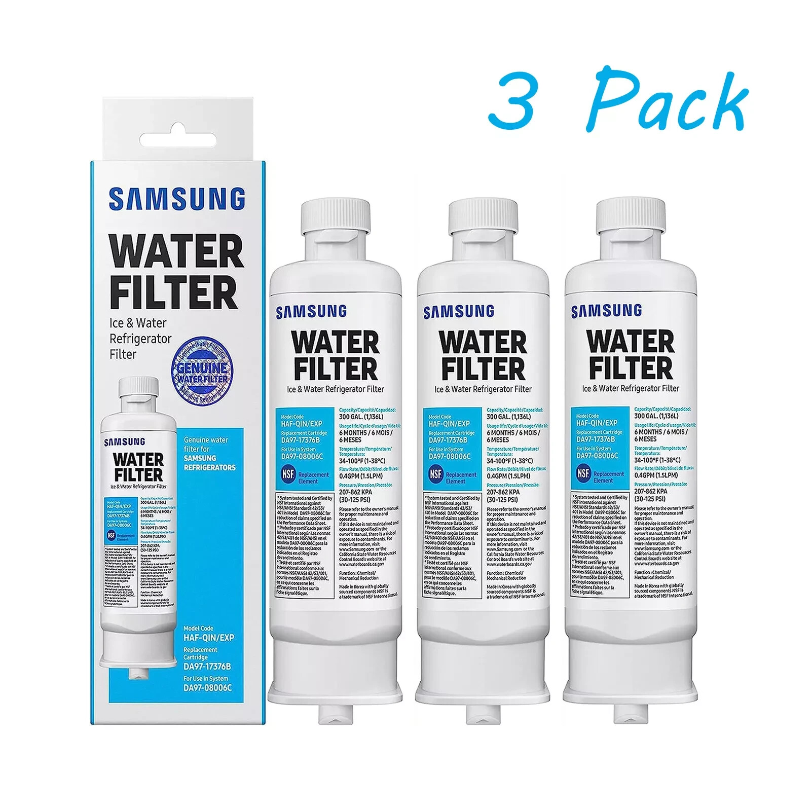 3 PACK Genuine NEW Samsung DA97-17376B HAF-QIN/EXP REFRIGERATOR Water Filter