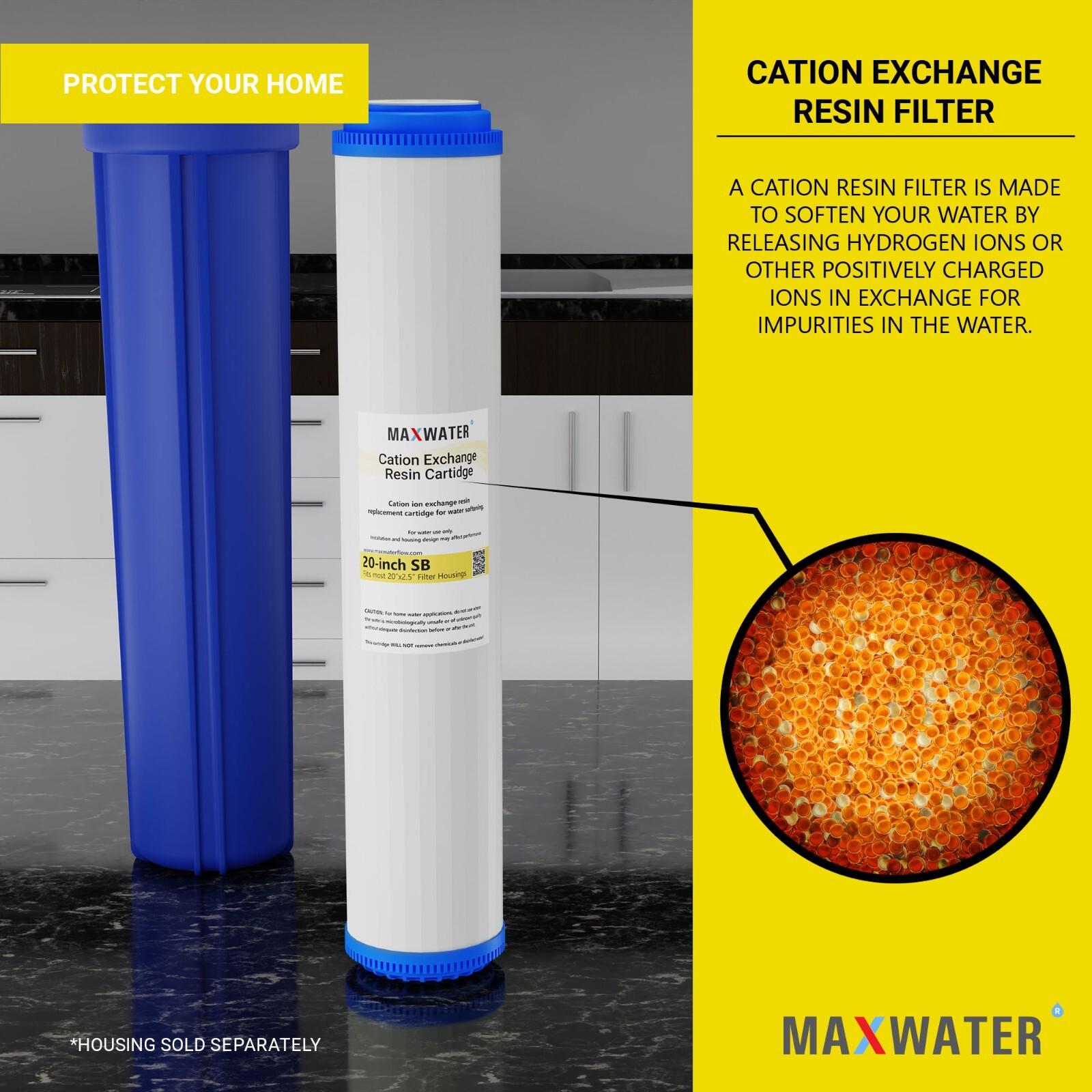 Max Water Whole House Water Filter Set 20″ x 2.5″ Cation, GAC, Sediment
