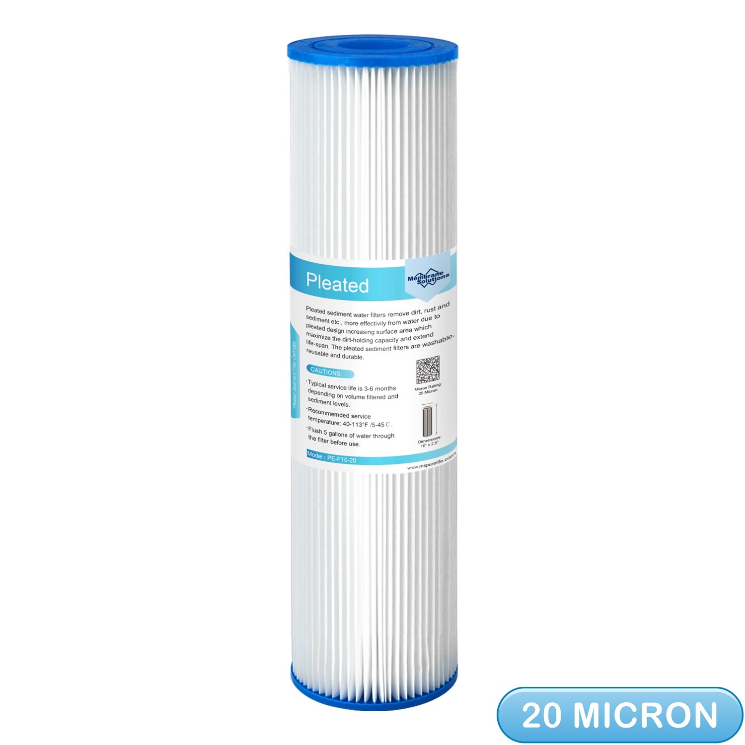 20 Micron 10″x2.5″ Washable Pleated Whole House Sediment Water Filter Cartridges