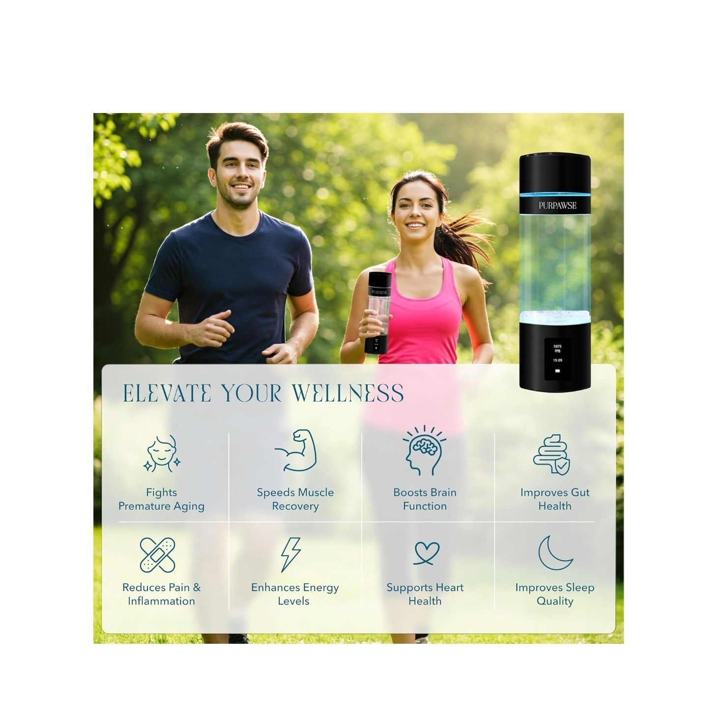 Purpawse Premium Hydrogen Water Bottle 6000 PPB SPE PEM UV Light 7.7oz Sealed
