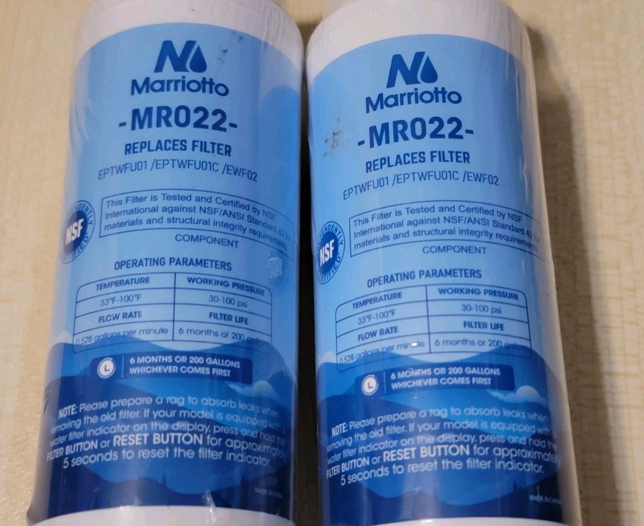 2 Marriotto MR022 Replacement Water Filter Lot Of 2 New Sealed