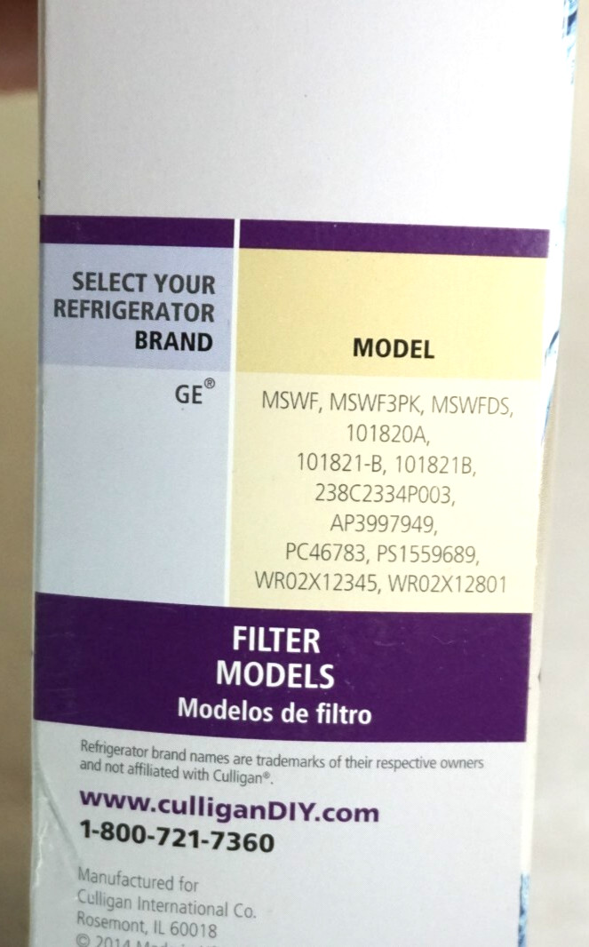 Culligan RF-G2A Advanced Filtration Cartridge Ice & Refrigerator GE-MSWF