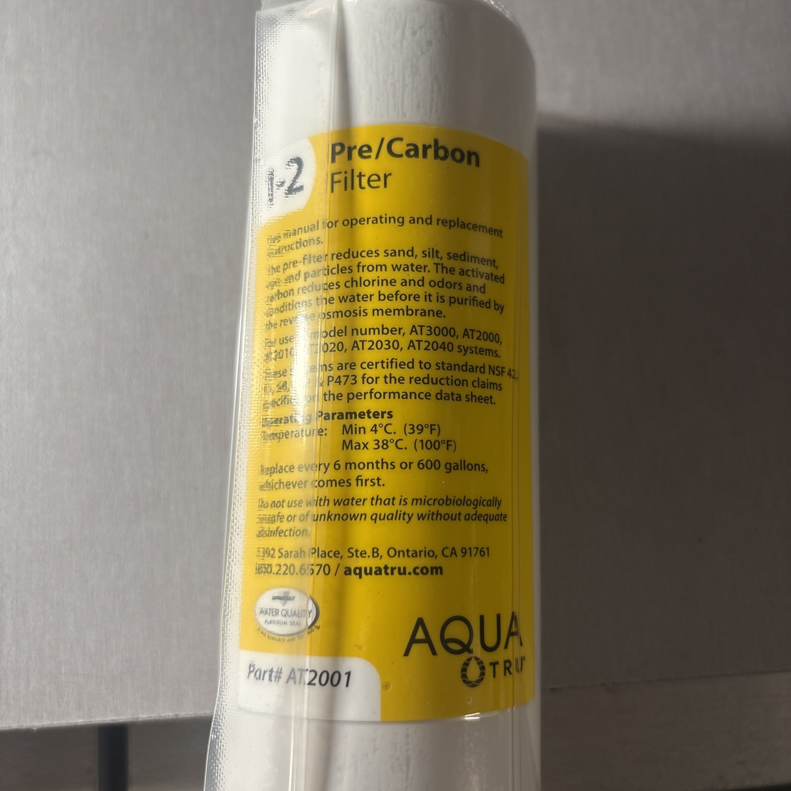 AquaTru AT2001 Pre/Carbon Water Filter Stages 1-2 BRAND NEW
