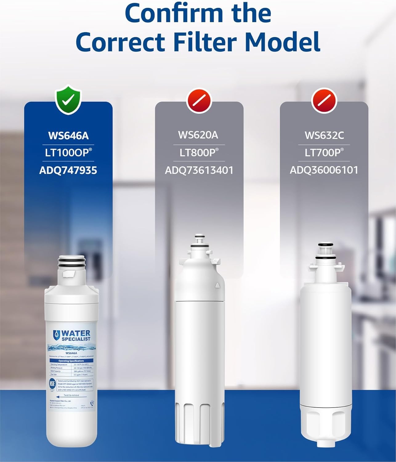 Waterspecialist Refrigerator Water Filter Replacement for LG® LT1000P®, 3 Combo