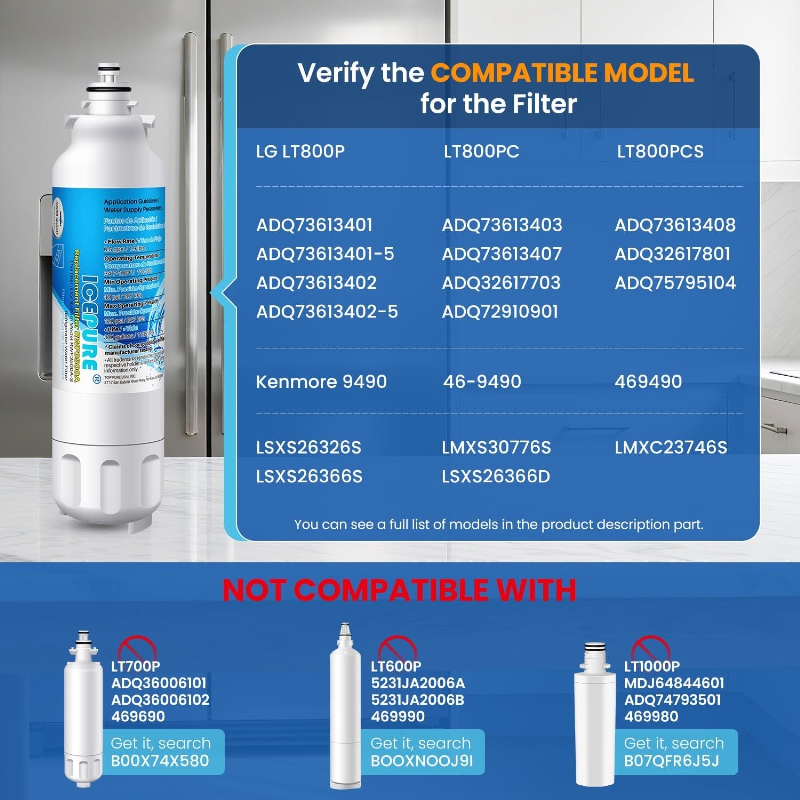 ICEPURE Water Filter Replacement for LG LT800P Kenmore 46-9490 LT120F Air Combo