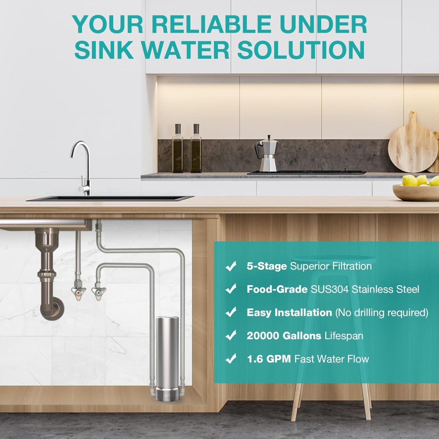 V7 Under Sink Water Filter System, 20000 Gallons, Reduces 99% Lead, Chlorine