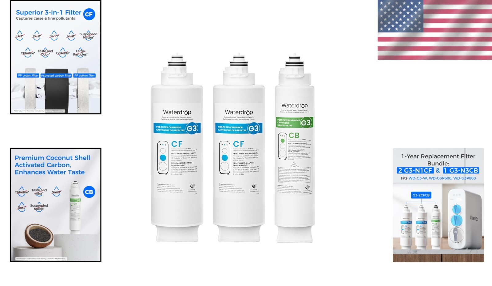 Under Sink Water Filter Combo Pack of 2 G3 N1CF and 1 G3 N3CB for TDS Reduction