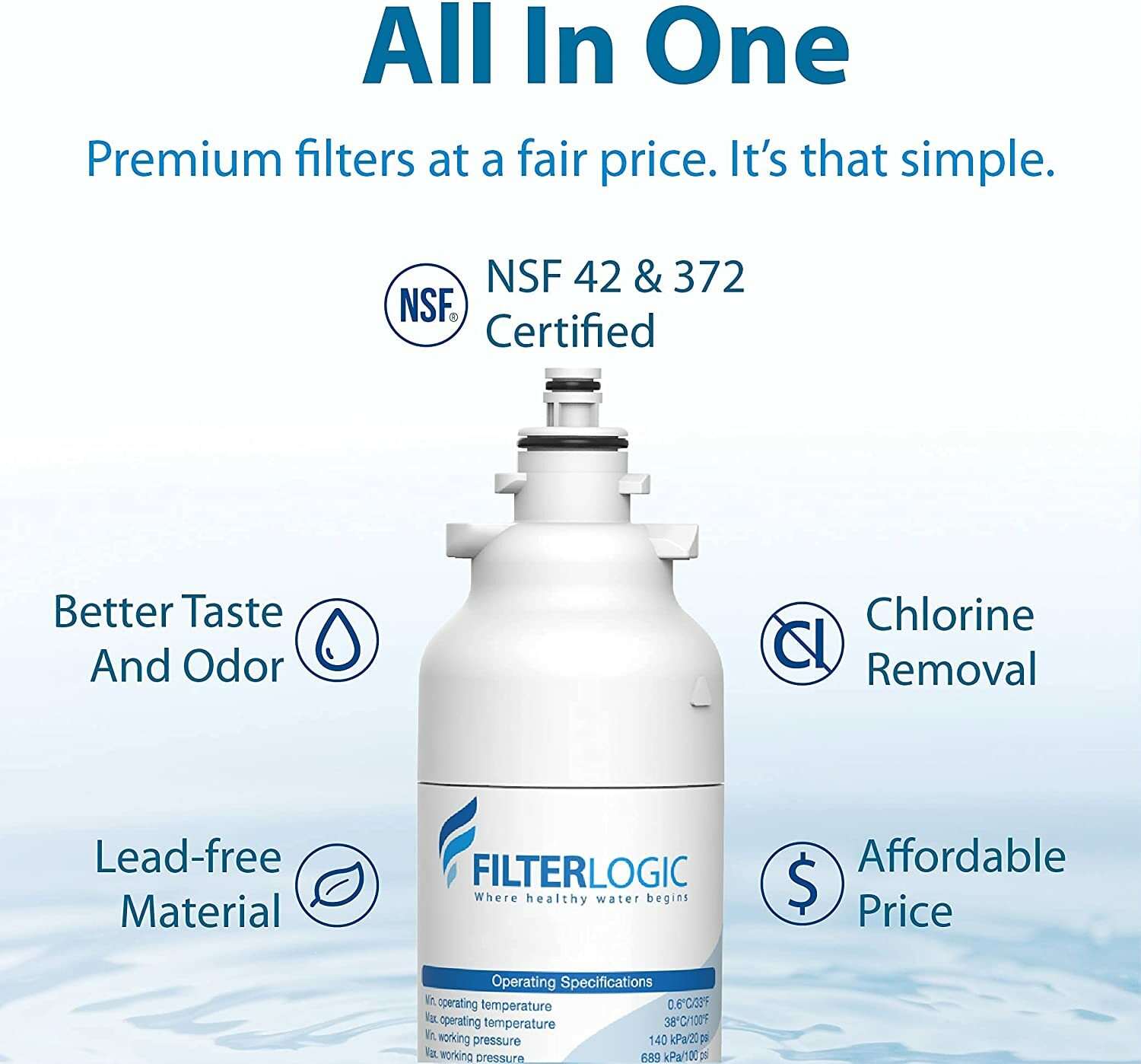 FilterLogic ADQ73613401 Refrigerator Water Filter, Replacement for LG® LT800P®