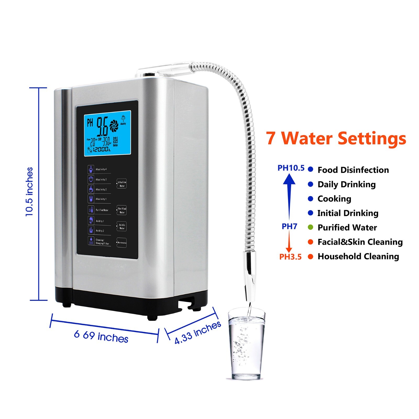 Alkaline Water Ionizer machine hydrogen water Purifier pH3.5-10.5 Water filter