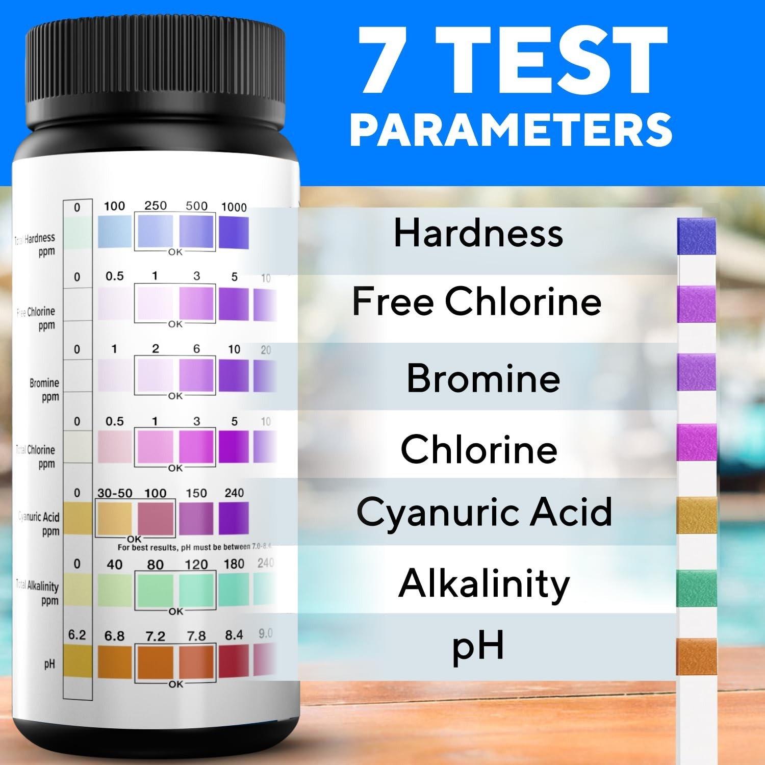 7-in-1 Accurate Pool Test Strips – 150 Hot Tub Spa Test Strips – Quick Pool Wate
