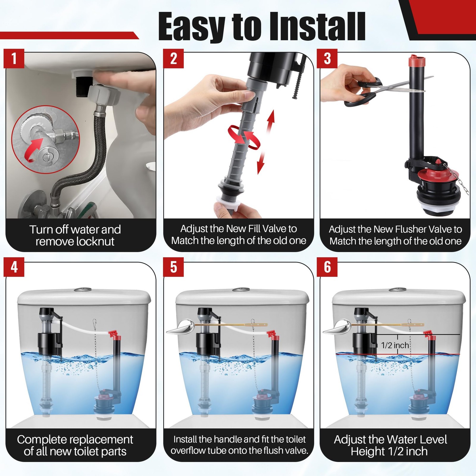 2 Inch Toilet Flusher Replacement Kit Adjustable Fill Valve Parts 1 Set