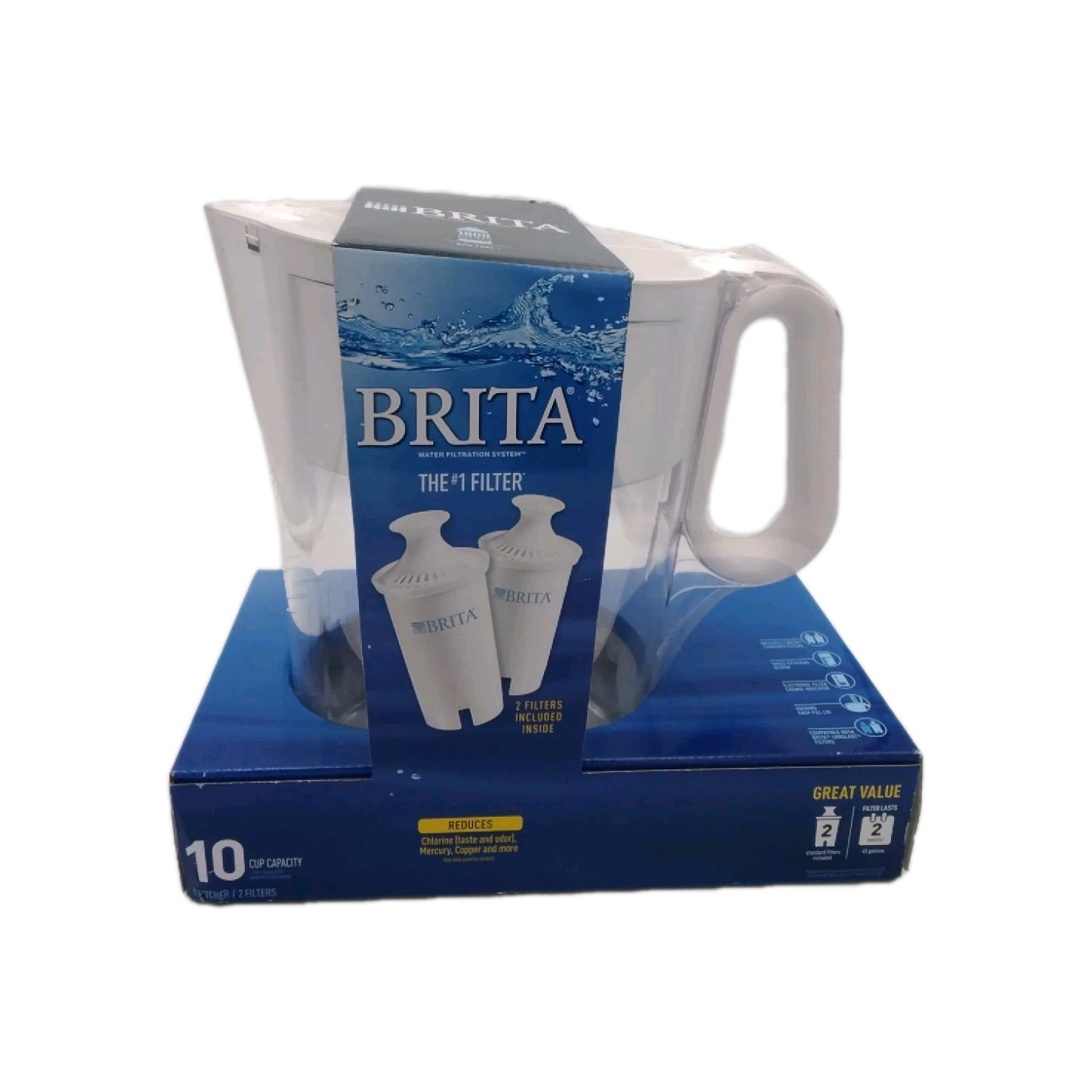 BRITA LARGE 10 -CUP WATER PITCHER REDUCES MERCURY, COPPER WITH 2 FILTERS INSIDE
