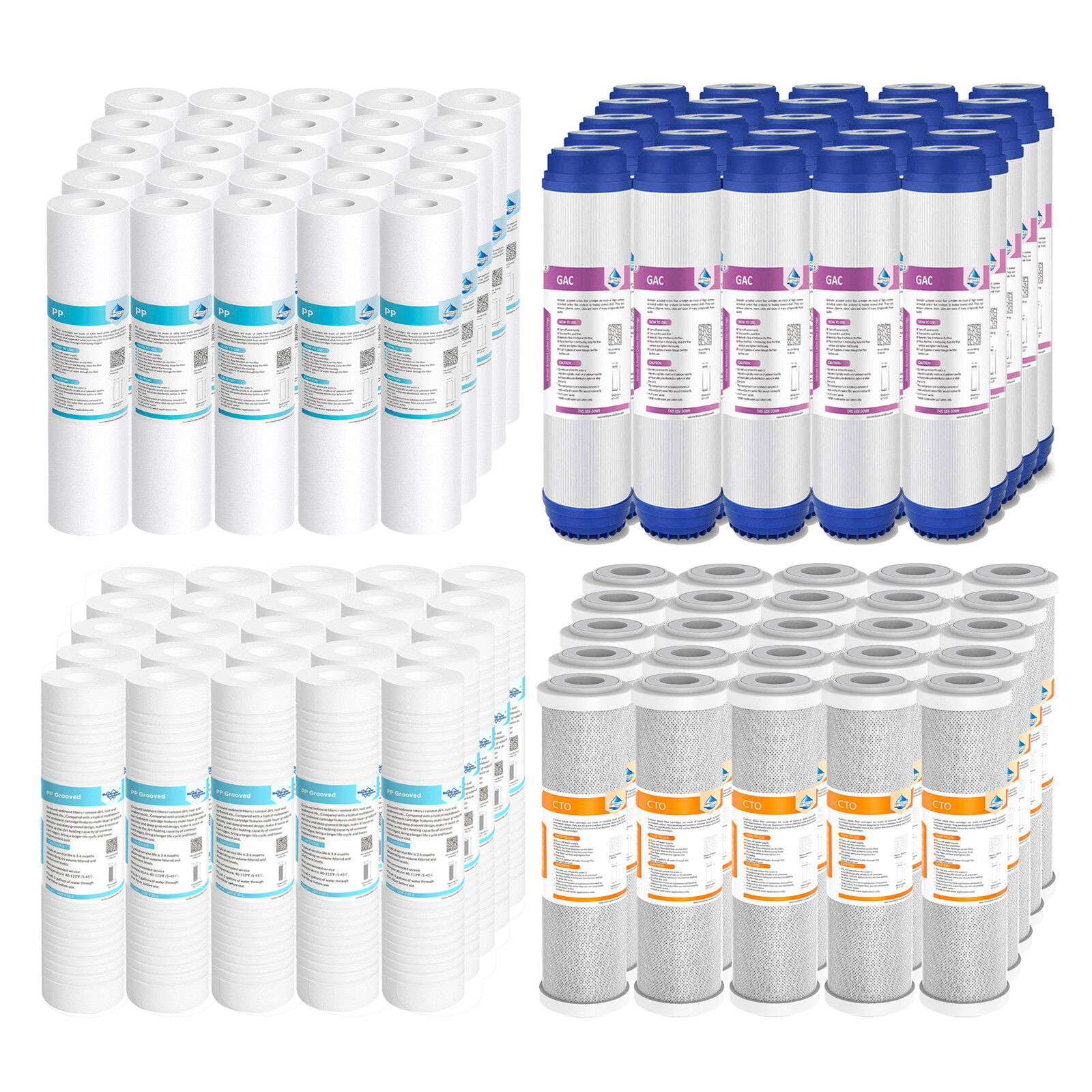 1-25 Pack 10×2.5″ Whole House Grooved Sediment GAC CTO Carbon Block Water Filter