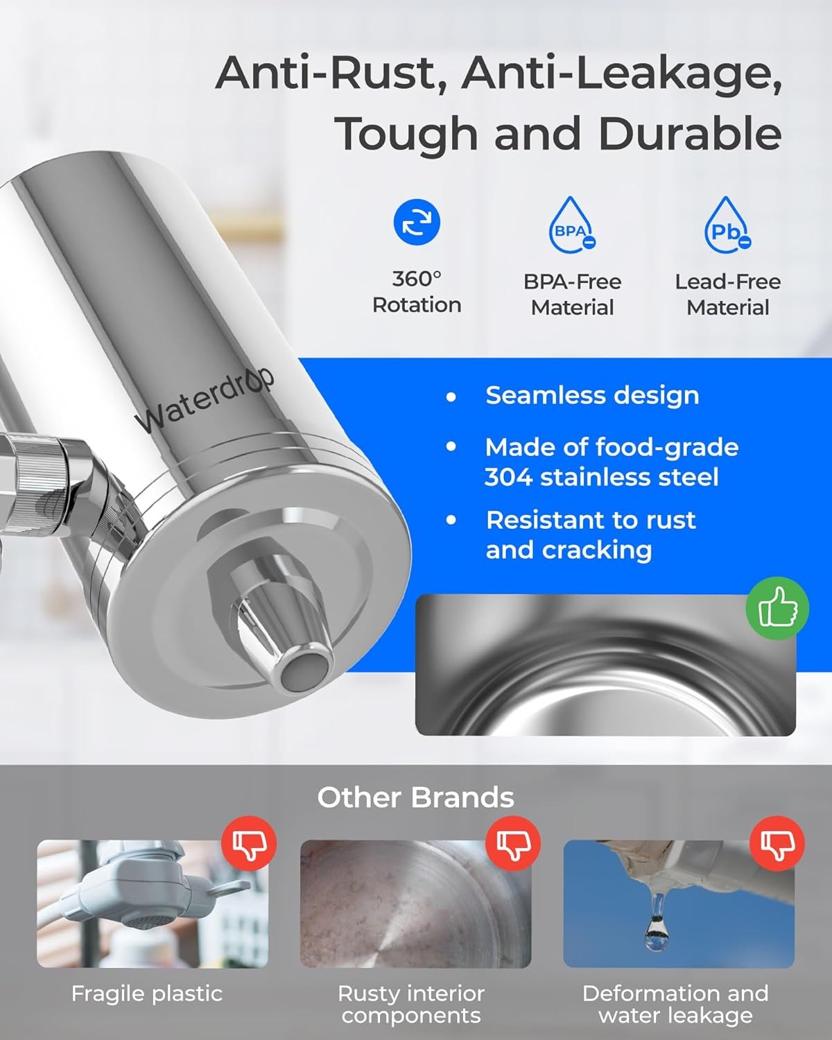 Waterdrop WD-FC-06 Stainless-Steel Faucet Water Filter,Tap Water Filter,1 Filter