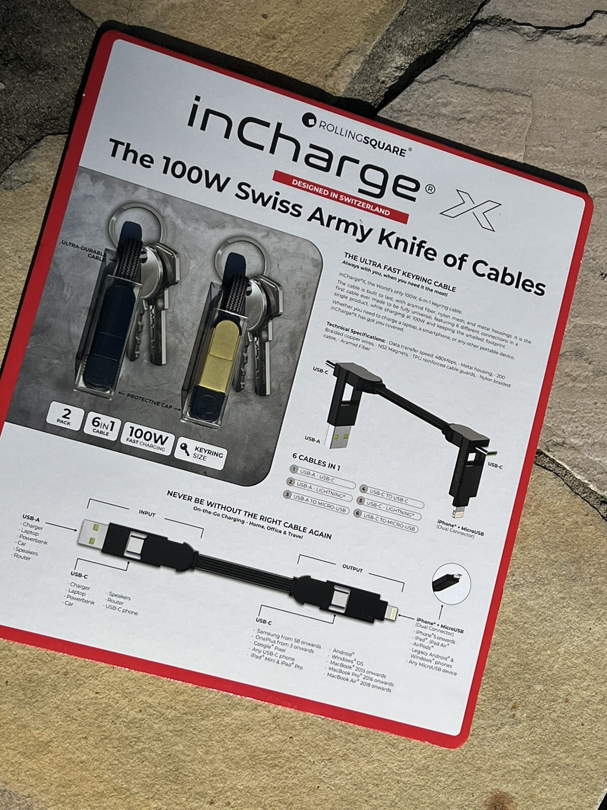 inChargeX – 2 Pack 100 Watt Swiss Army Knife Of Cables Key ring Cable 6 In 1