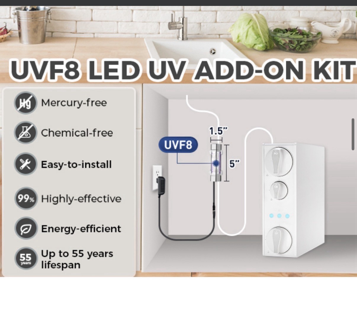 iSpring UVF8 LED UV Sanitizing Add-on Kit for Under Sink Water Filter Systems