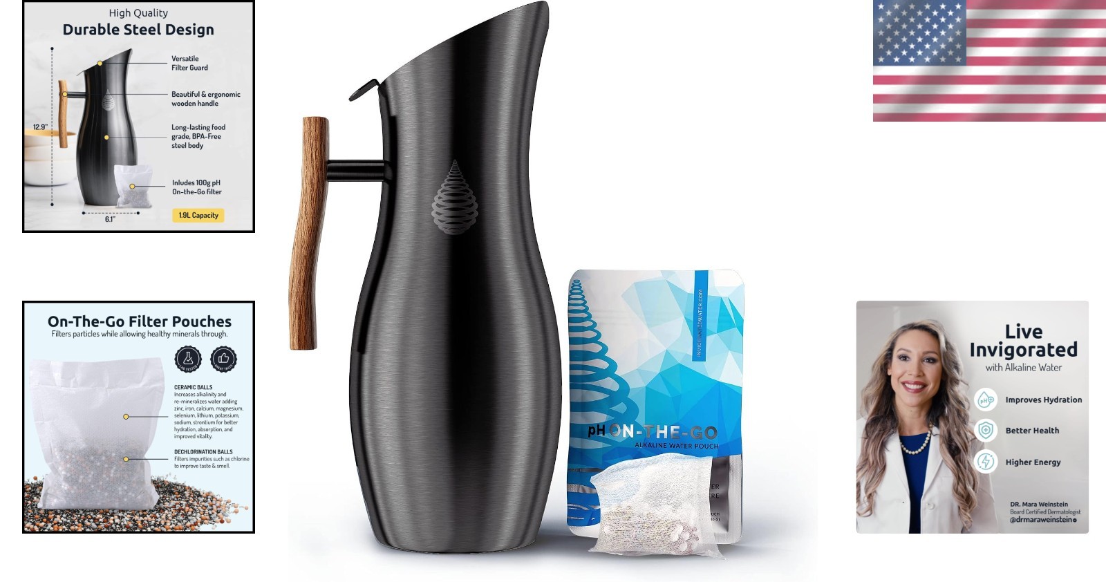 Stainless Steel Water Filter Pitcher 8-Cup Long-Life 105 Gal BPA-Free
