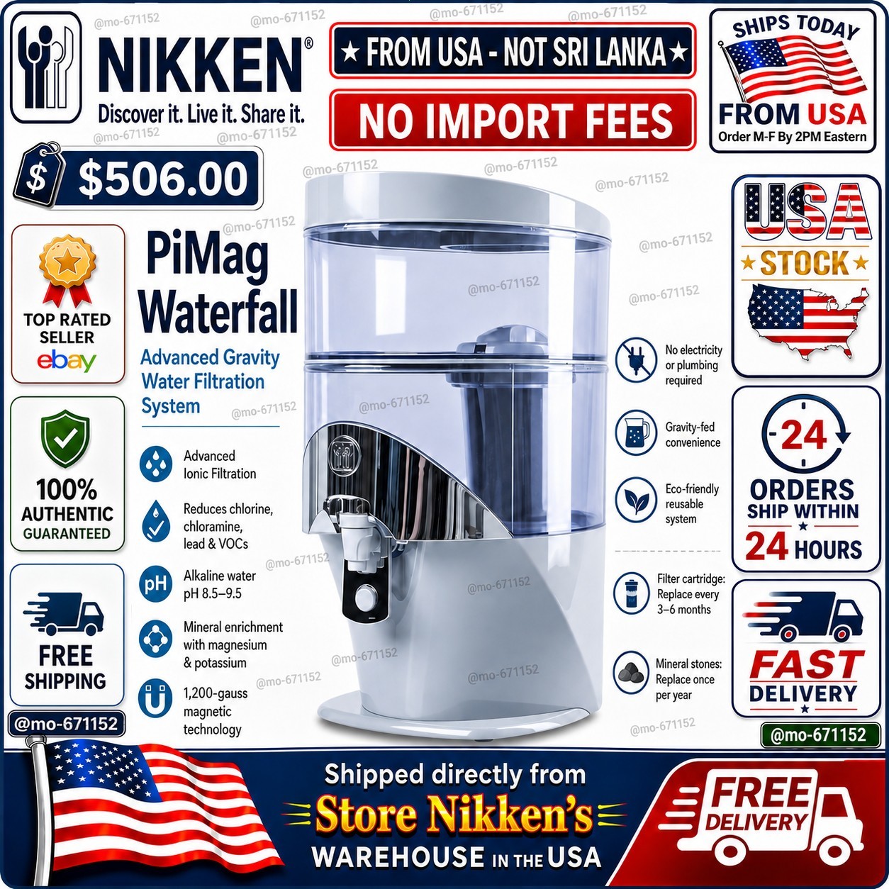 Nikken PiMag Waterfall Gravity Water Filter Alkaline Mineral System 13681 NIB🔥