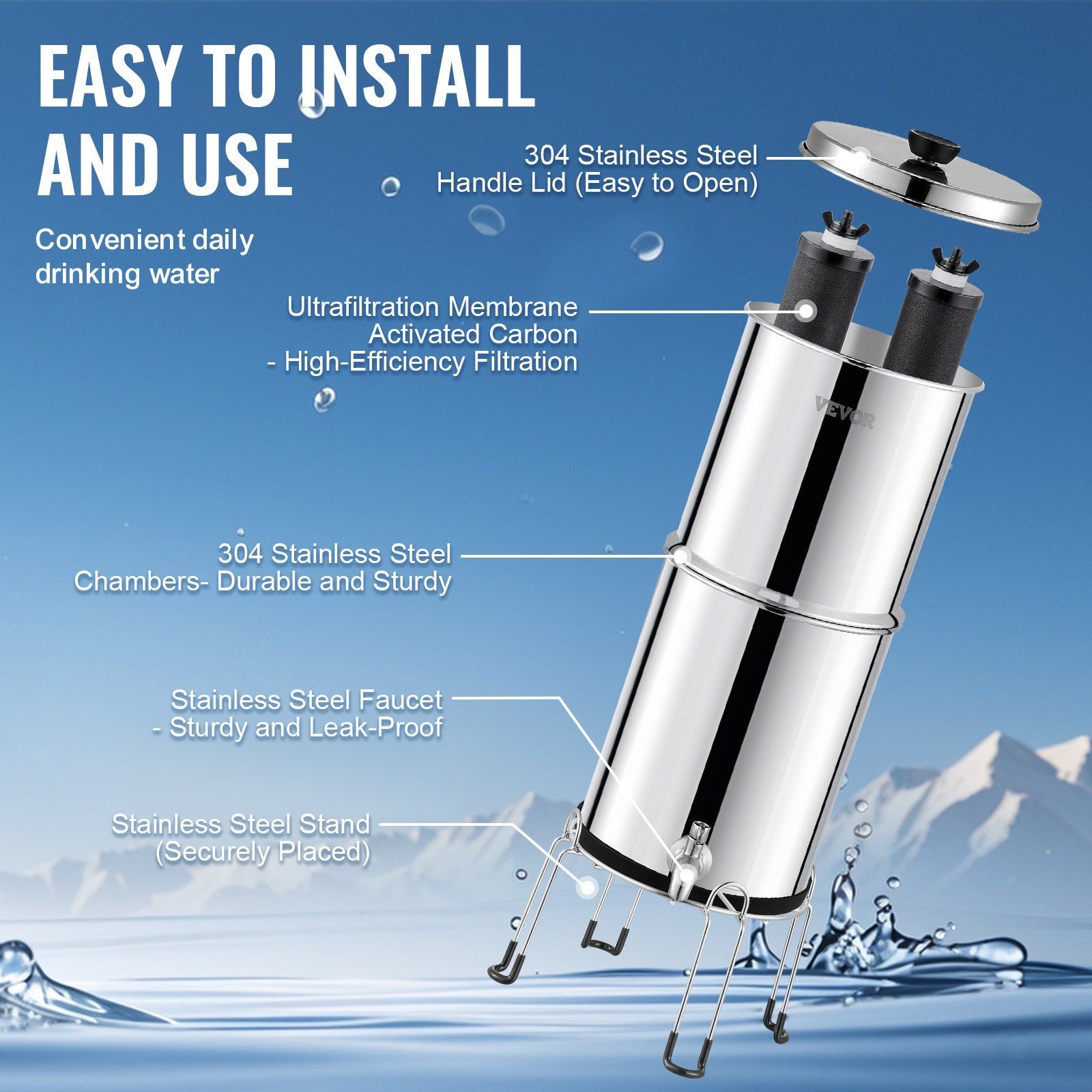 2.25G Portable Gravity Water Filter 304 Stainless w/2 Replaceable Filters