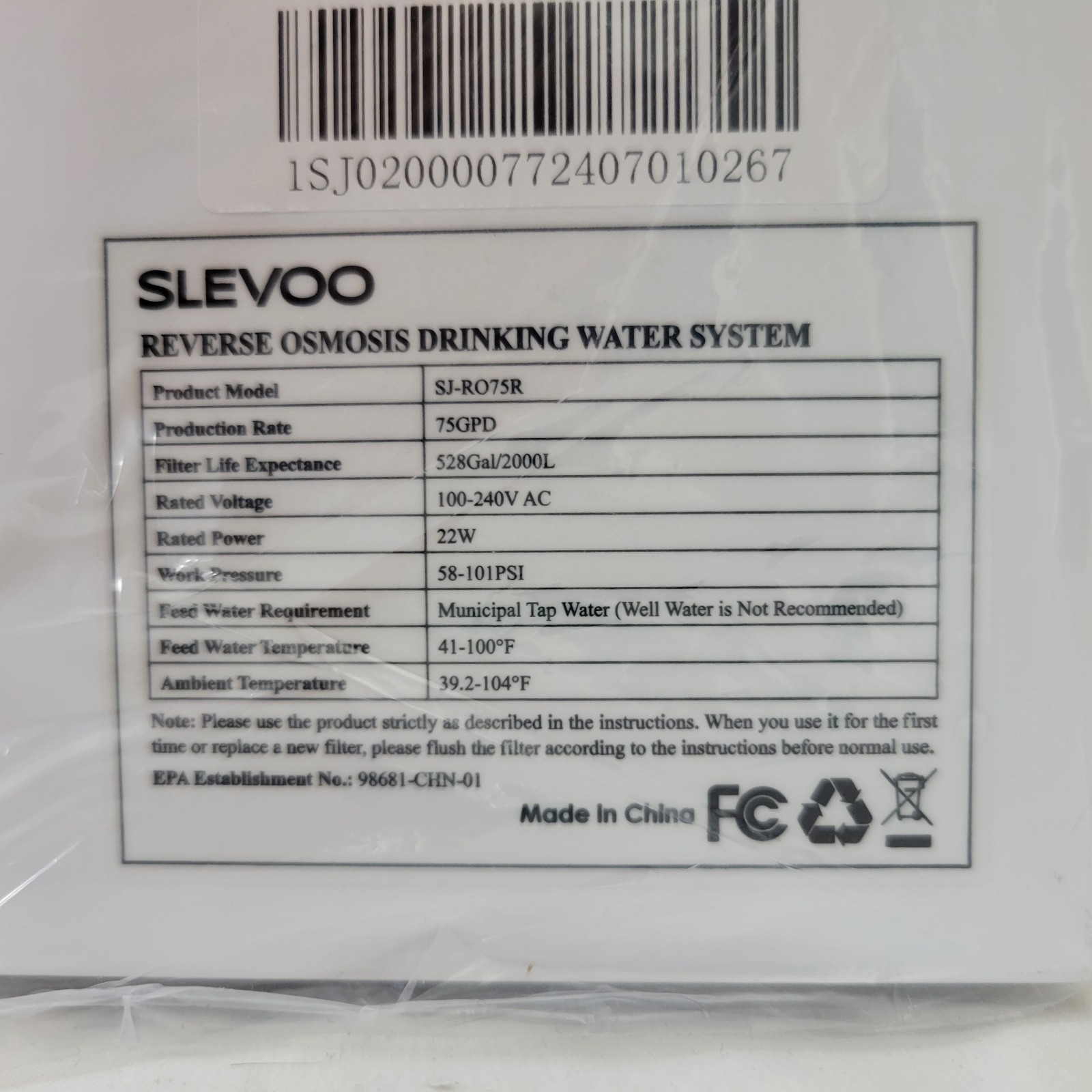 Slevoo SJ-RO75R Reverse Osmosis System 700Gal Under Sink RO Water Filtration
