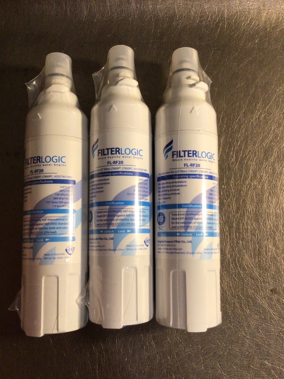 3 Filterlogic FL-RF20 Refrigerator Water Filters – For LG LT800P New/Sealed