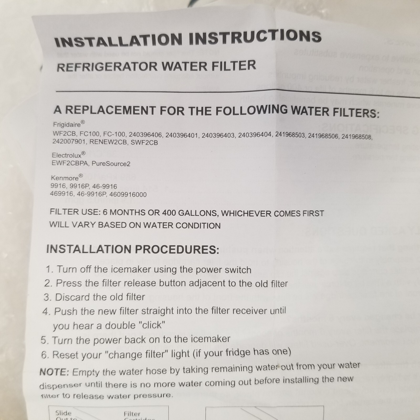 AquaCrest V001 Replacement Water Filter Lot of 2, Fits Frigidaire & Kenmore, New