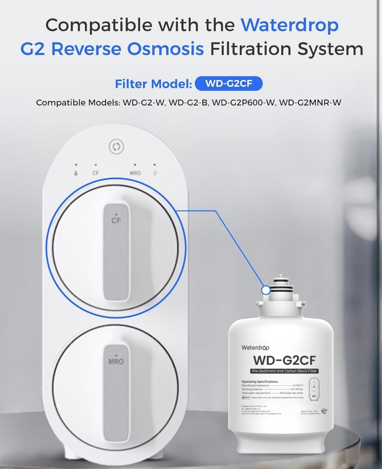 Waterdrop WD-G2CF Filter, 12-month Lifetime, Used for Reverse Osmosis System