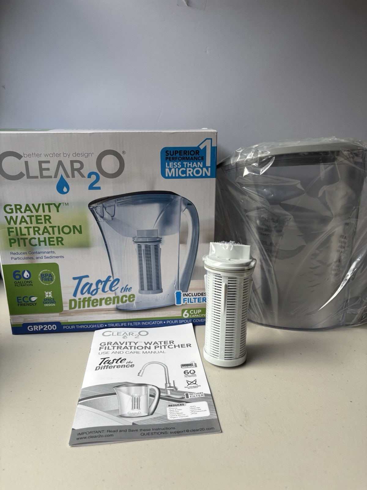 NEW CLEAR2O Gravity Water Filtration Pitcher W/ Sealed Filter In Box