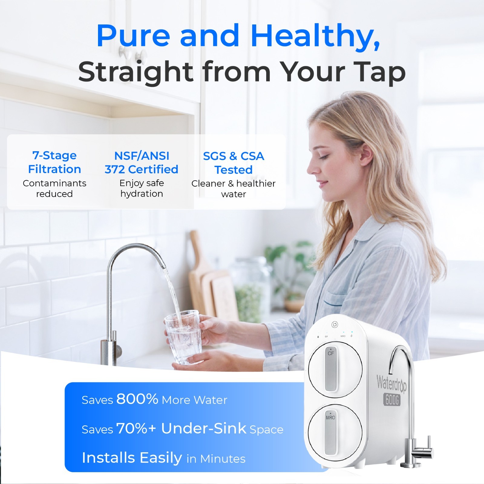 Waterdrop Tankless Reverse Osmosis Water Filtration System, 600 GPD, Smart Panel