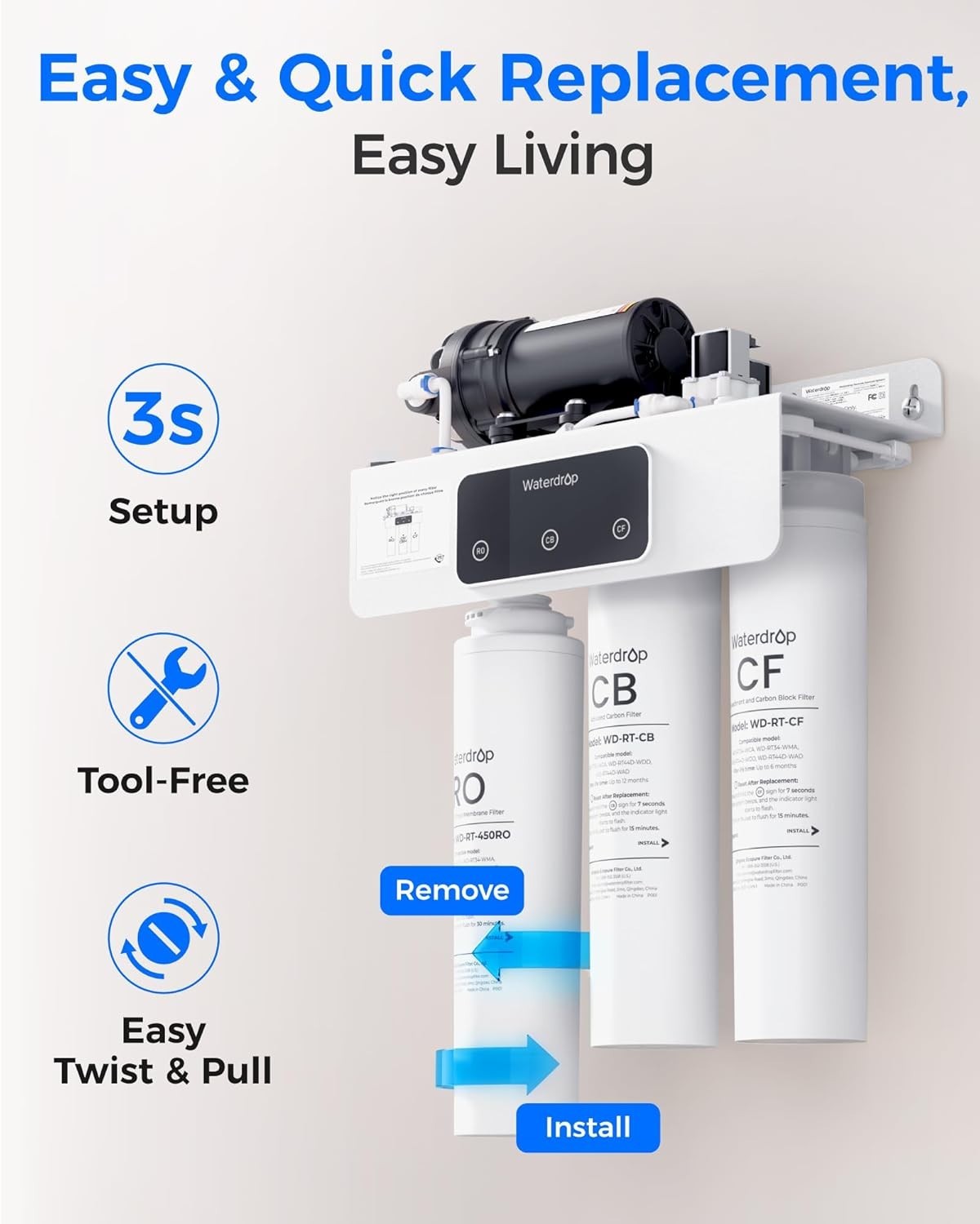 Waterdrop WD-RT-RO Filter, Replacement for WD-T3-C & WD-T3-M & WD-T4-A RO System