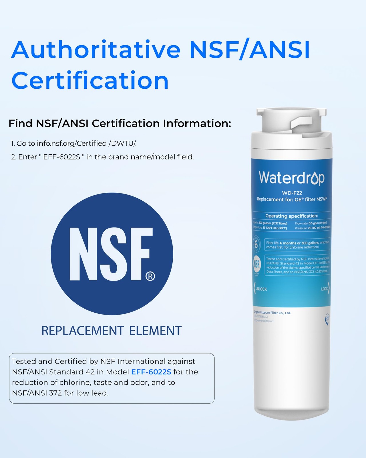 Waterdrop MSWF Refrigerator Water Filter Replacement for GE MSWF, 101820A, 101