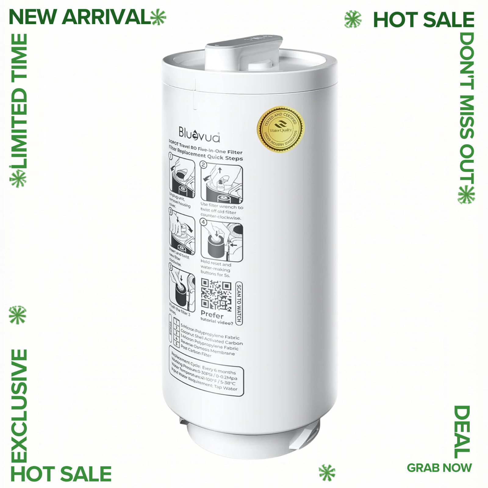 NEW 5-in-1 RO Replacement Filter for RO100ROPOT-Travel System 6-Month Life