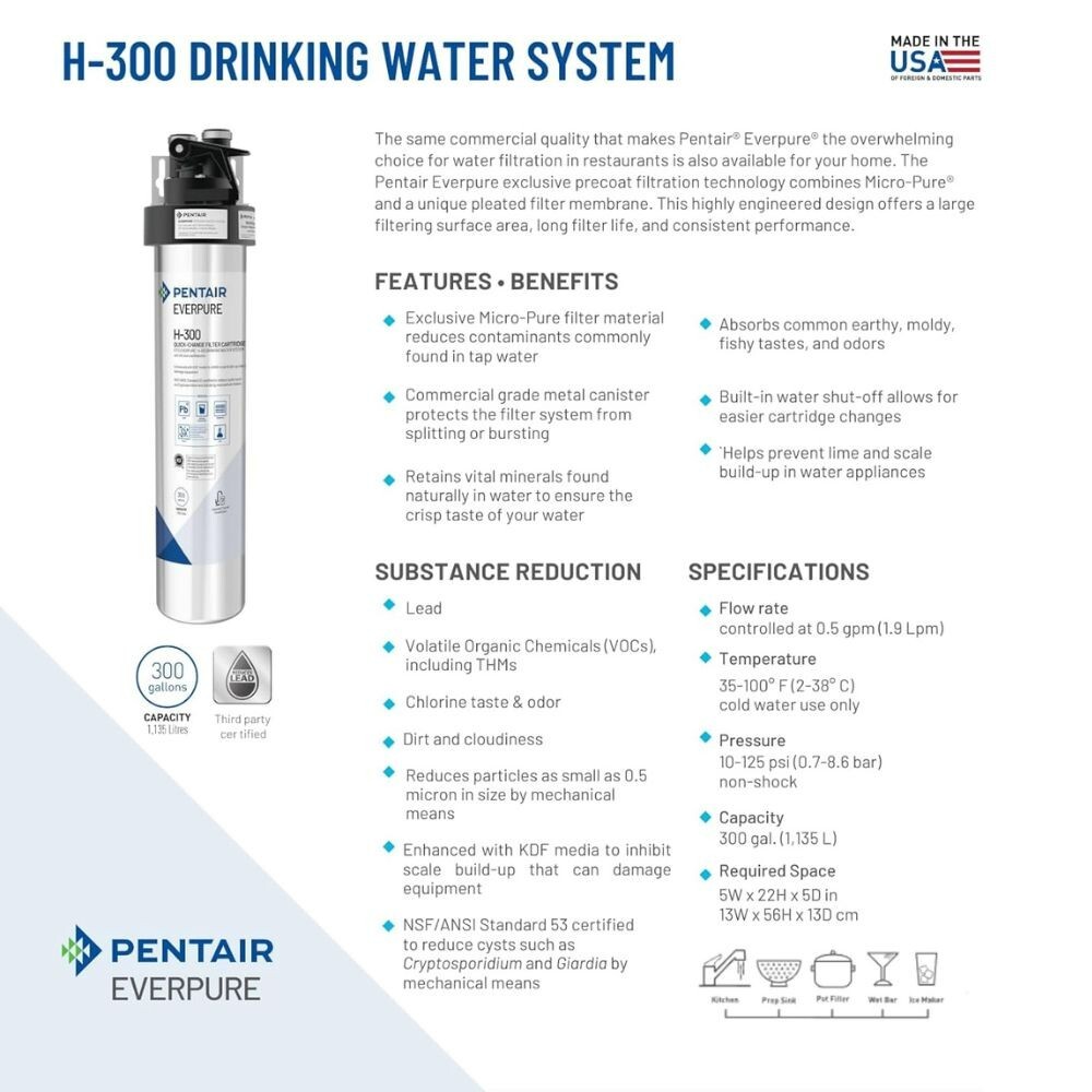 Pentair Everpure H-300 Filter Cartridge, EV927072, NSF Lead Reduction, 300 Gal,