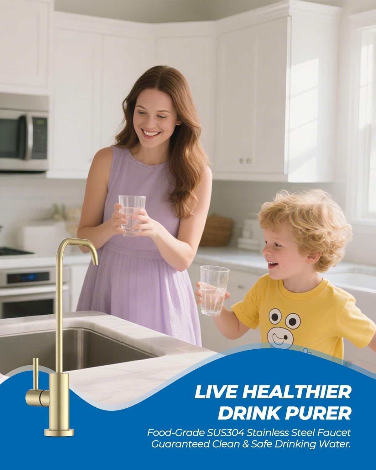 Lead-Free Gold Kitchen Water Filter Faucet | 360° Swivel Gooseneck Design